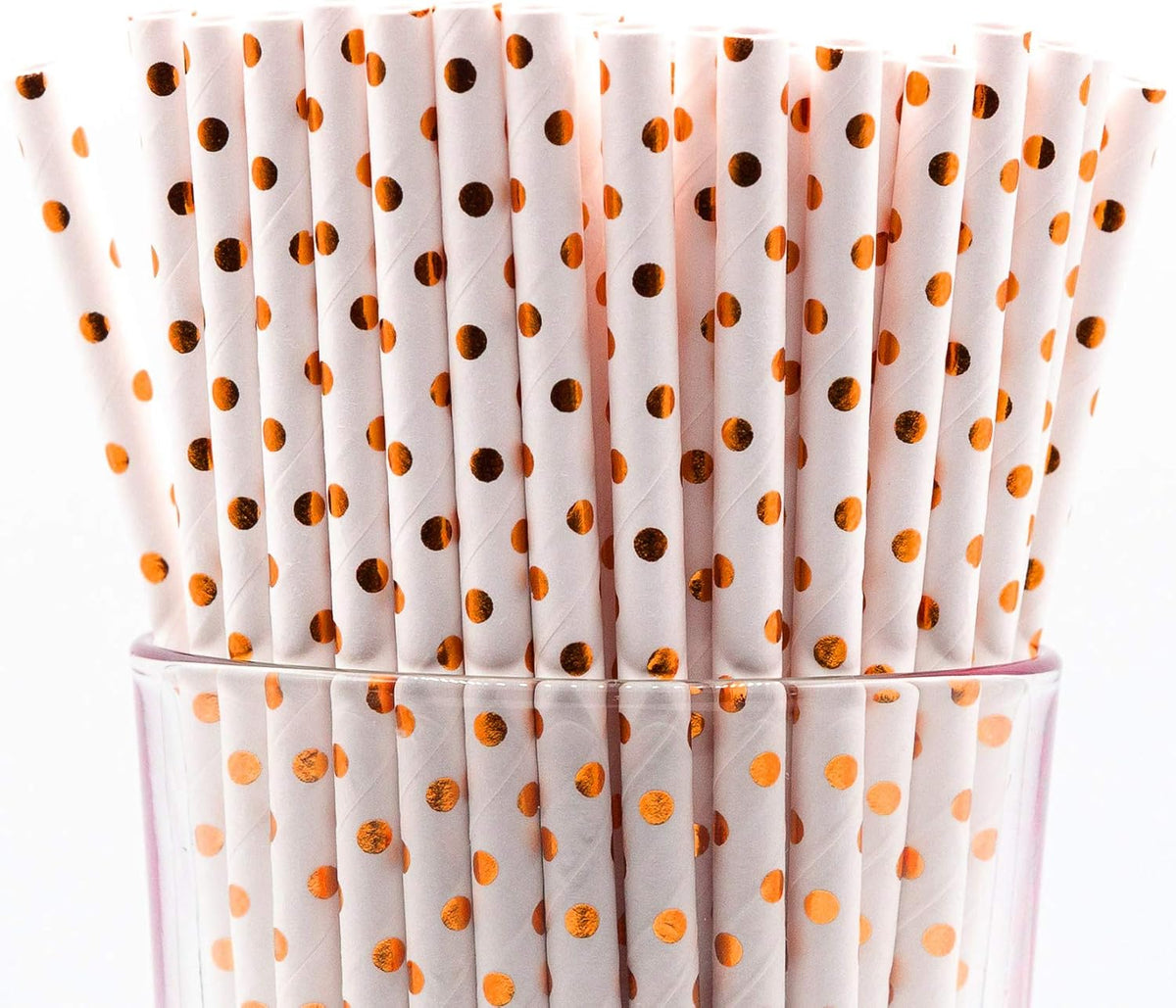 Pack of 900 Rose Gold Polka Dot Foil Biodegradable 4-Ply Paper Drinking Straws (Compostable