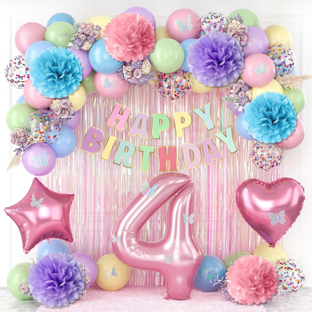 Pastel 4th Birthday Party Decorations for Girls Number 4 Balloon Happy Birthday Banner Butterfly