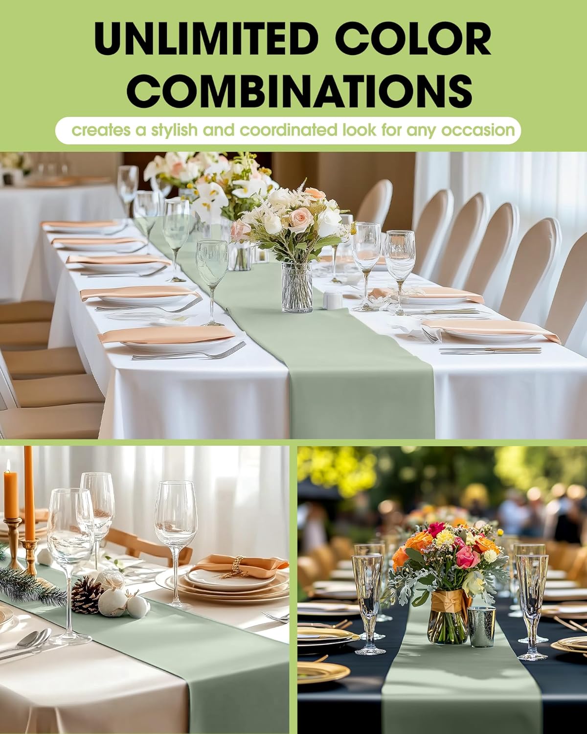 Pureegg Sage Green Plastic Table Runners - 10 Pack, 14'' x 108'', Water Resistant & Disposable