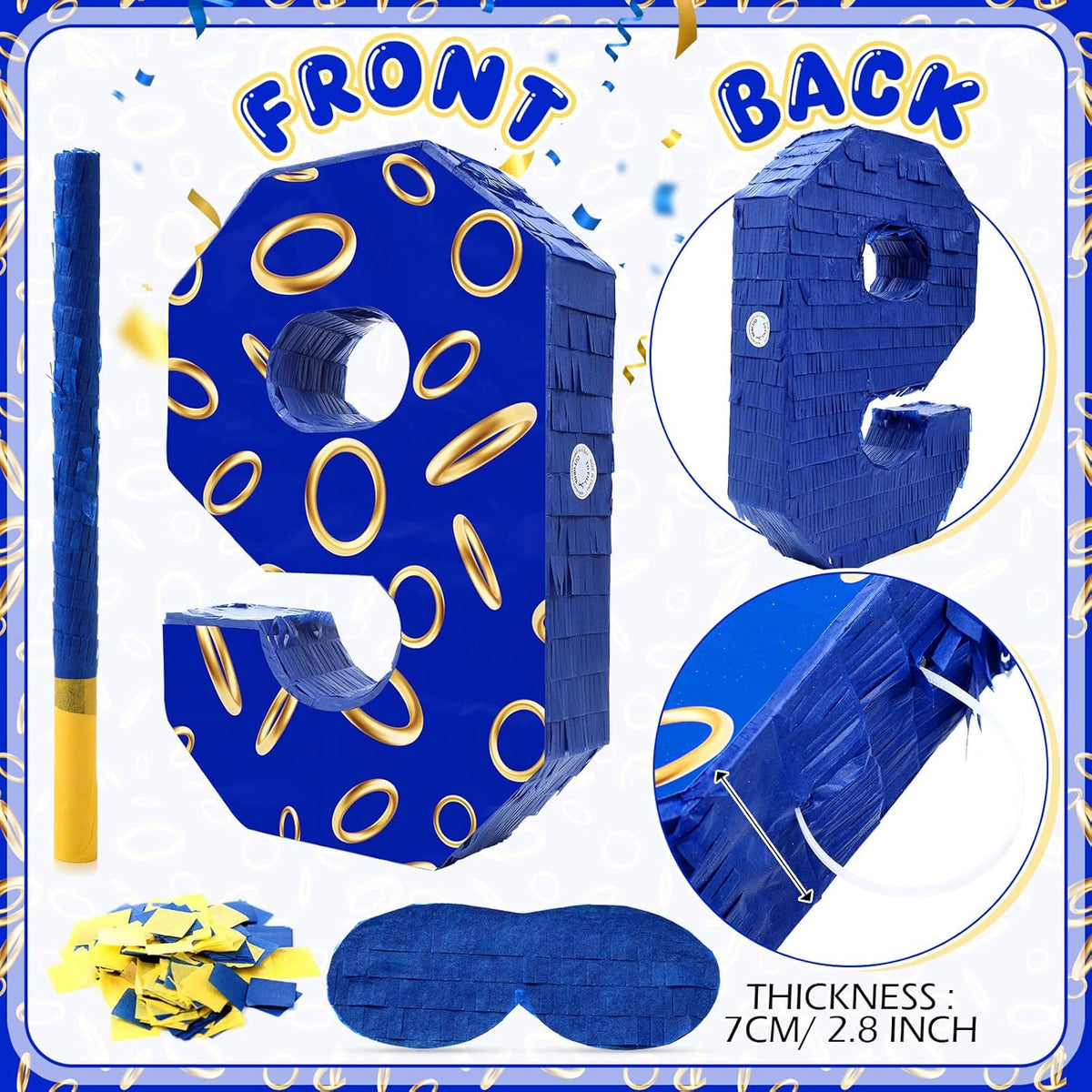 Number 9 Blue and Golden Rings Piñata for Kids Birthday Cartoon Theme Small Piñata with Blindfold