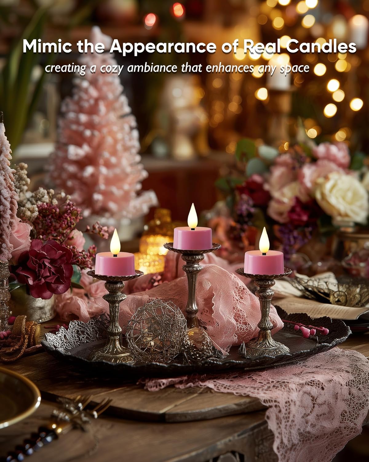 Amagic Flameless Pink Timer Remote Tealights Candles, 3D Black Wick Flickering Tea Light, 400+Hour