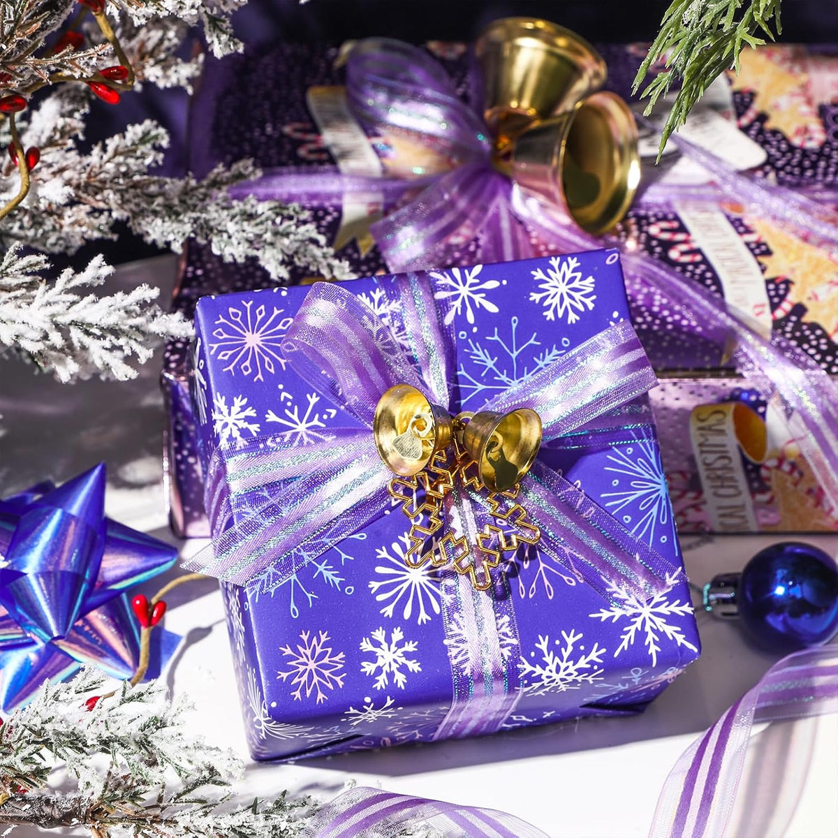 LeZakaa Christmas Purple Wrapping Paper Mini Roll, Have a Magical Christmas Cake Stand, Snowflake