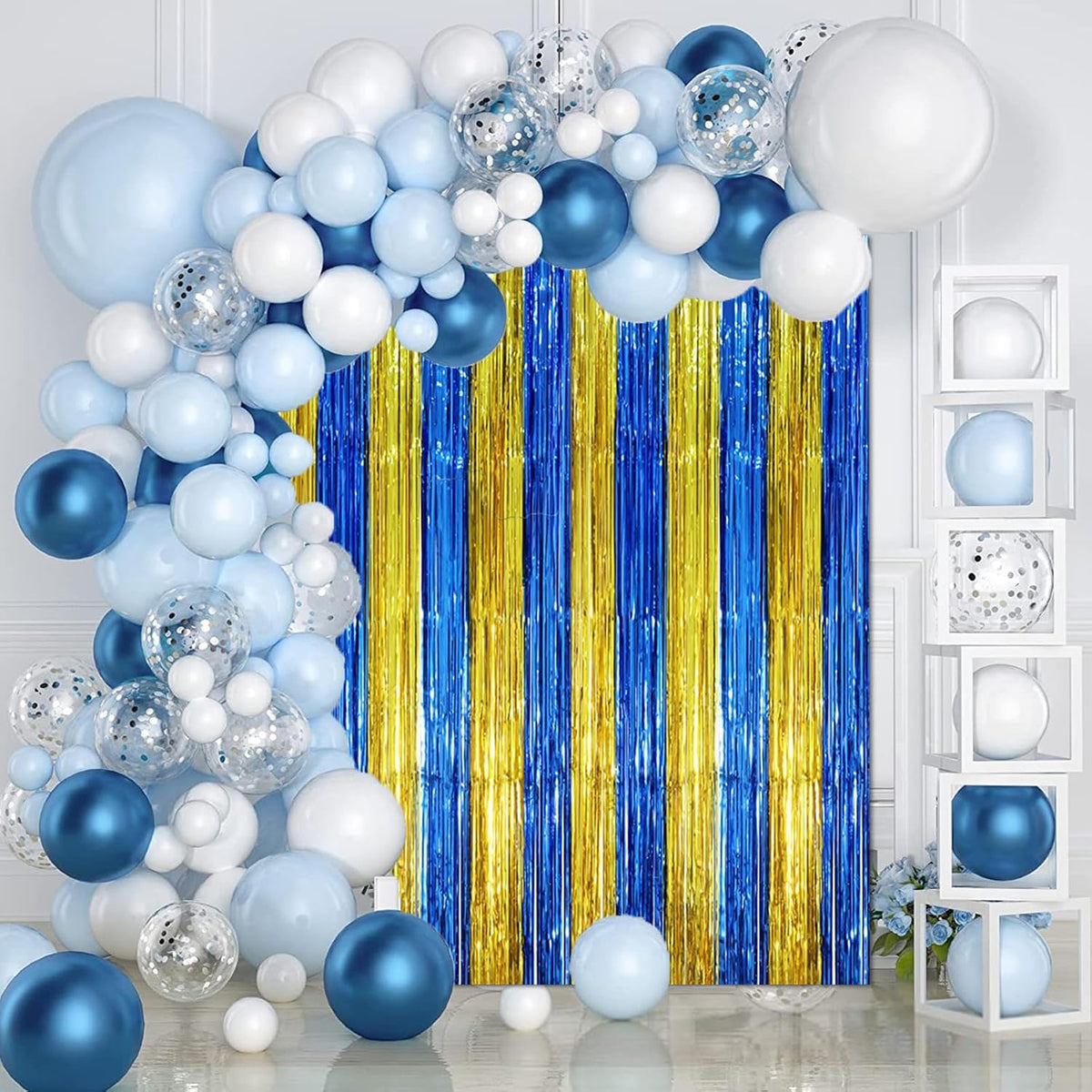 3 Pack 3.3 x 8.2 ft Blue Gold Foil Fringe Backdrop Curtains, Tinsel Streamers Party Decorations