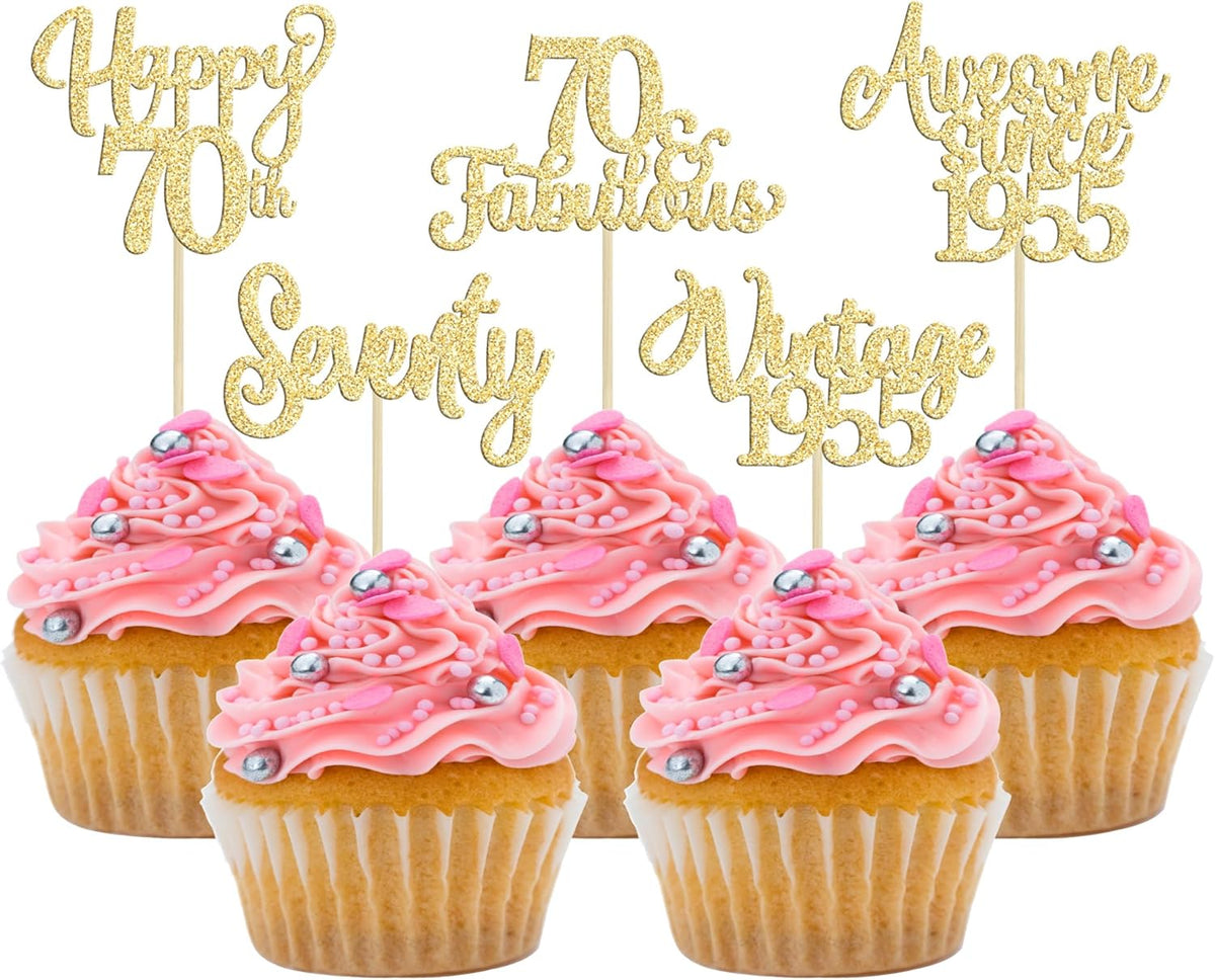 30Pcs Vintage 1955 Cupcake Toppers Glitter Seventy Happy 70th Birthday 70 Fabulous Cupcake Picks