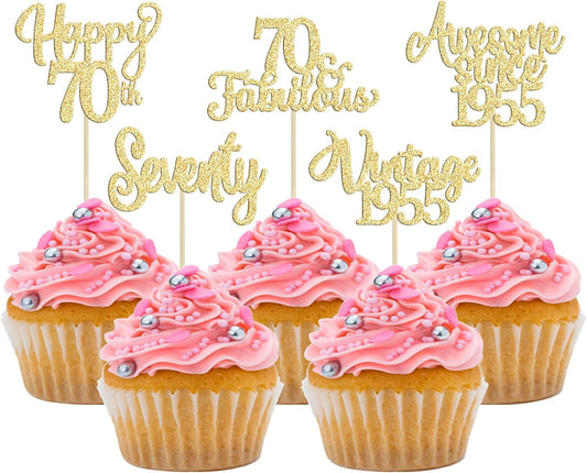 30Pcs Vintage 1955 Cupcake Toppers Glitter Seventy Happy 70th Birthday 70 Fabulous Cupcake Picks