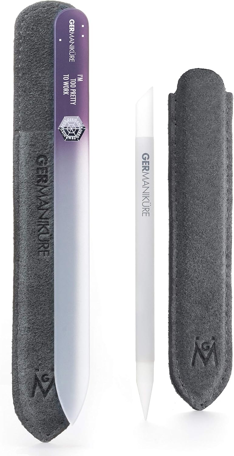 GERMANIKURE 2 Pc Glass Bundle - Crystal Glass Cuticle Stick & I'm Too Pretty to Work Nail File in