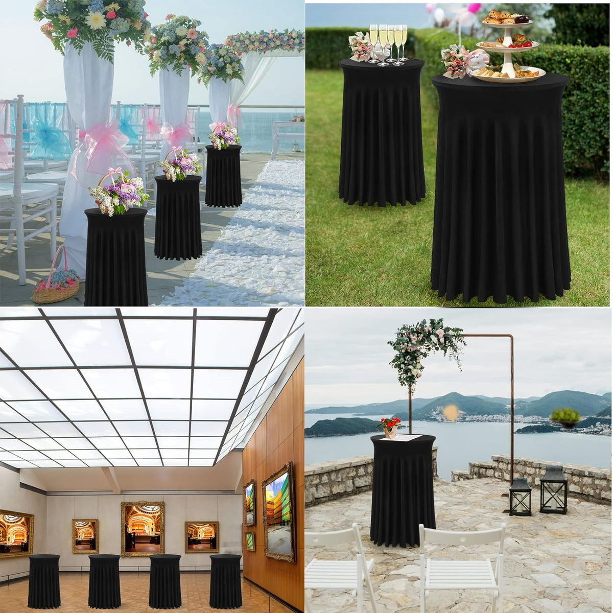 Cocktail Table Covers - 3 Pack 32"x 43" Black Cocktail Table Tablecloth with Natural Wavy Round