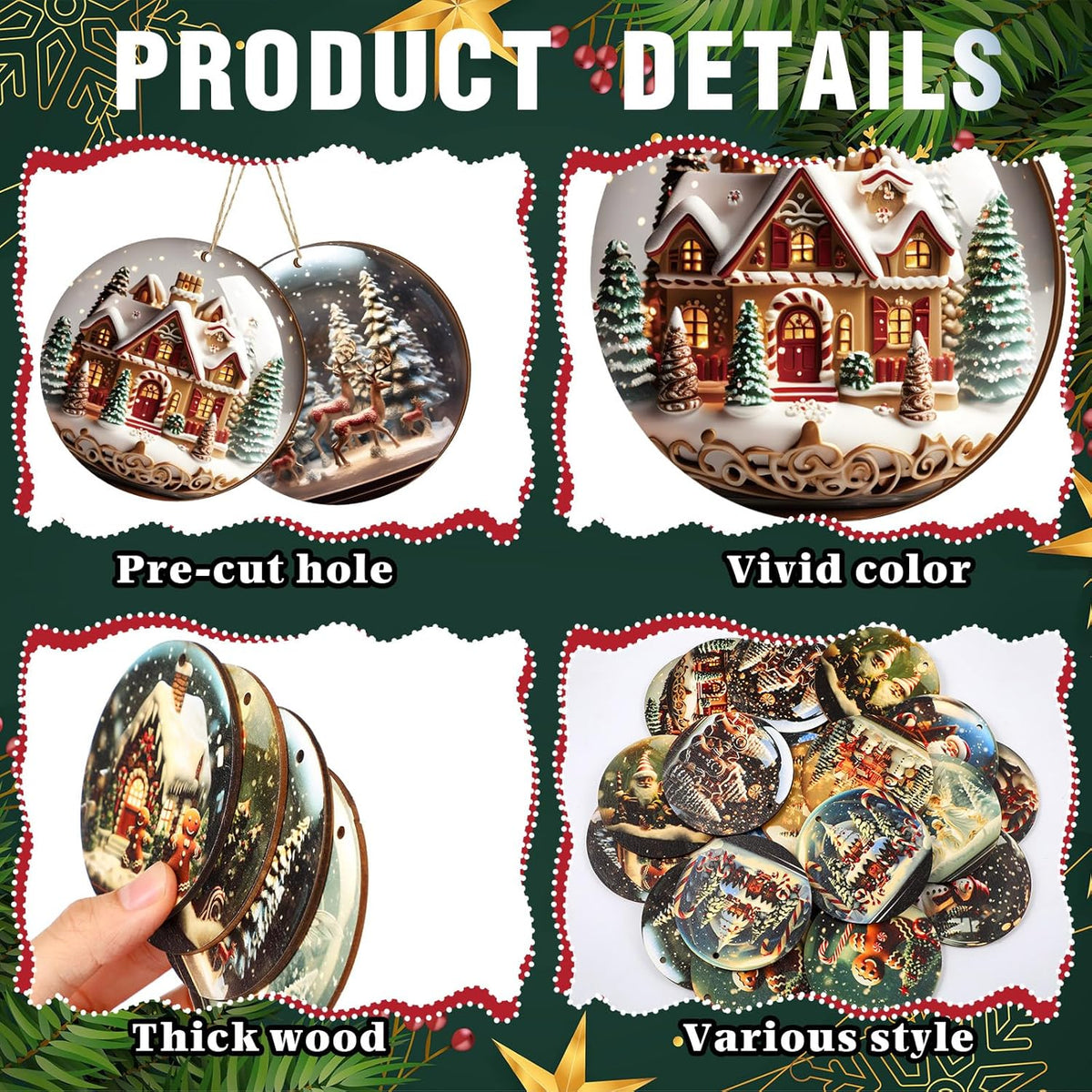 Suzile 36 Pcs Christmas Wooden Ornaments Vintage Round Christmas Tree Decoration Wooden Santa Claus