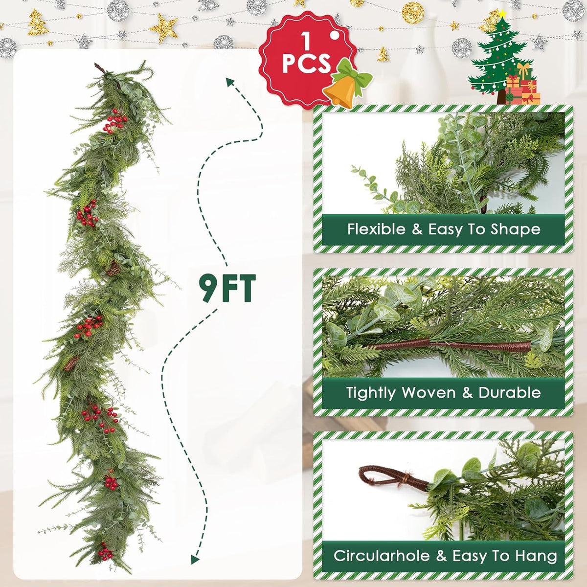 9FT Christmas Garland Norfolk Pine Tree Artificial Cedar Eucalyptus Greenery, Realistic Pine