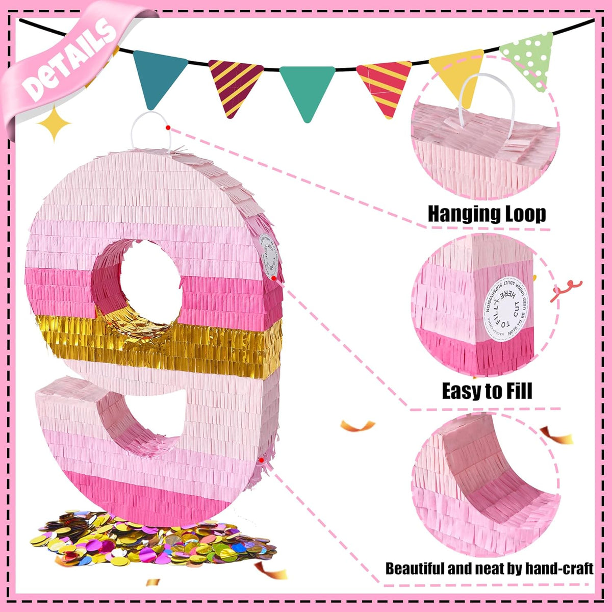 PCFING 20 Inch Number 9 Piñata Pink Gold with 30 Inch Piñata Stick Blindfold Confetti for Boys