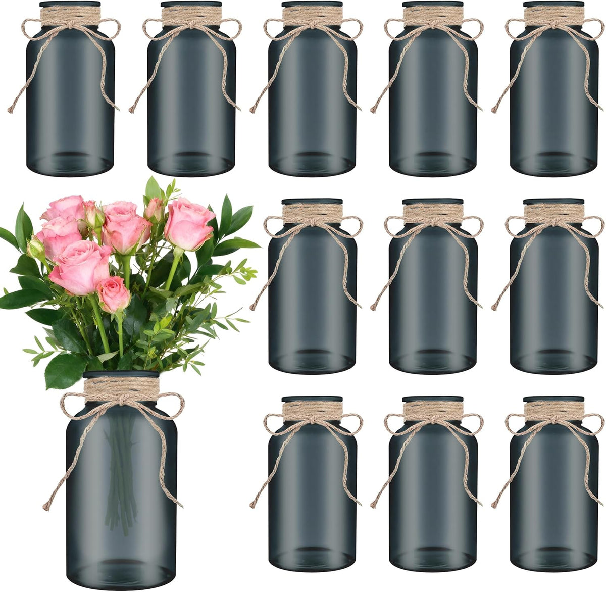 Vintage Glass Flower Vase，12 Pack Farmhouse Black Glass Centerpiece Vases Mason Jars for Halloween