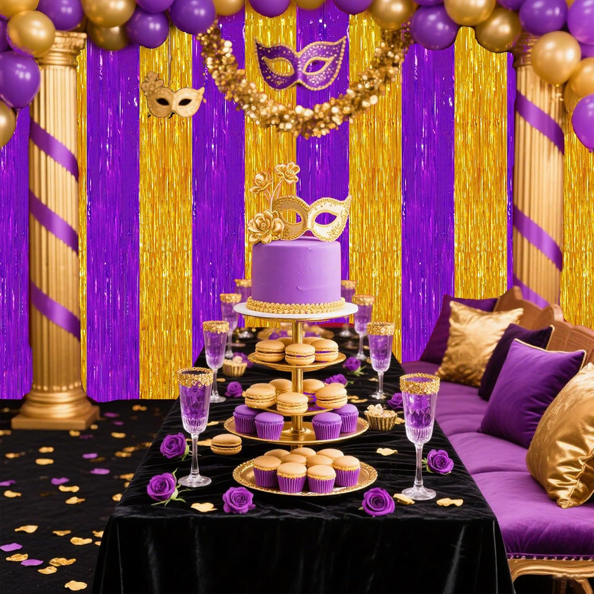 TONIFUL 2Pcs Purple Gold Door Streamers,Green Photo Booth Backdrop,Metallic Streamers Green Foil