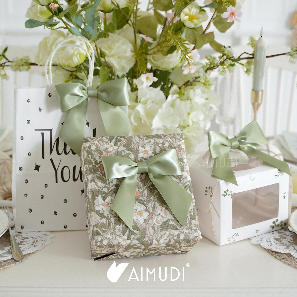 AIMUDI Sage Green Satin Bows 5.5" Bows for Gift Wrapping Satin Twist Tie Bows Premade Ribbon Bows