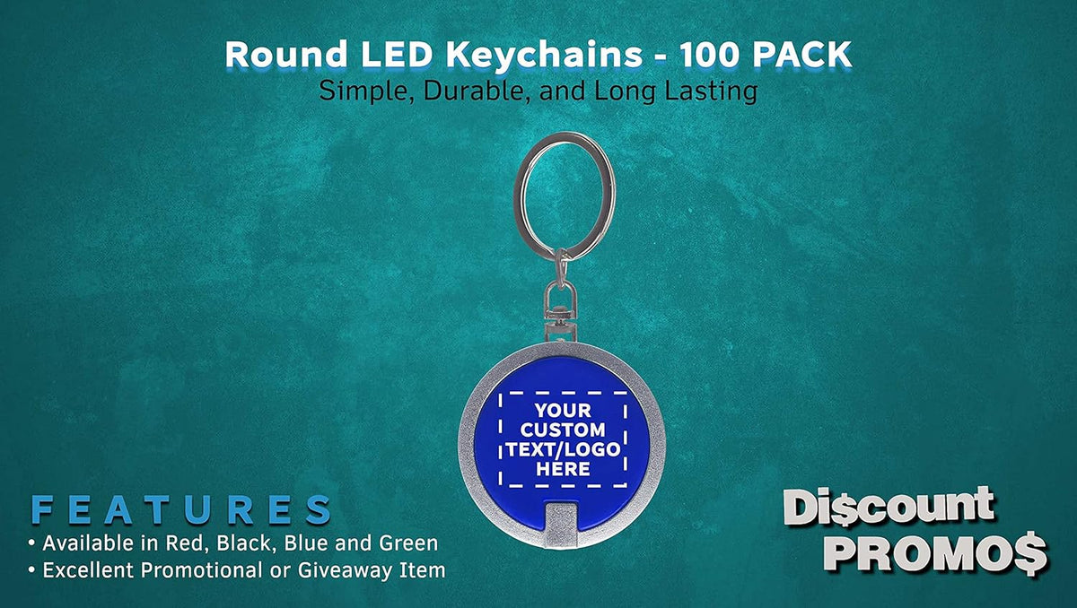 DISCOUNT PROMOS 100 Round LED Keychains - Customizable Text, Logo - Battery included, Plastic - Blue