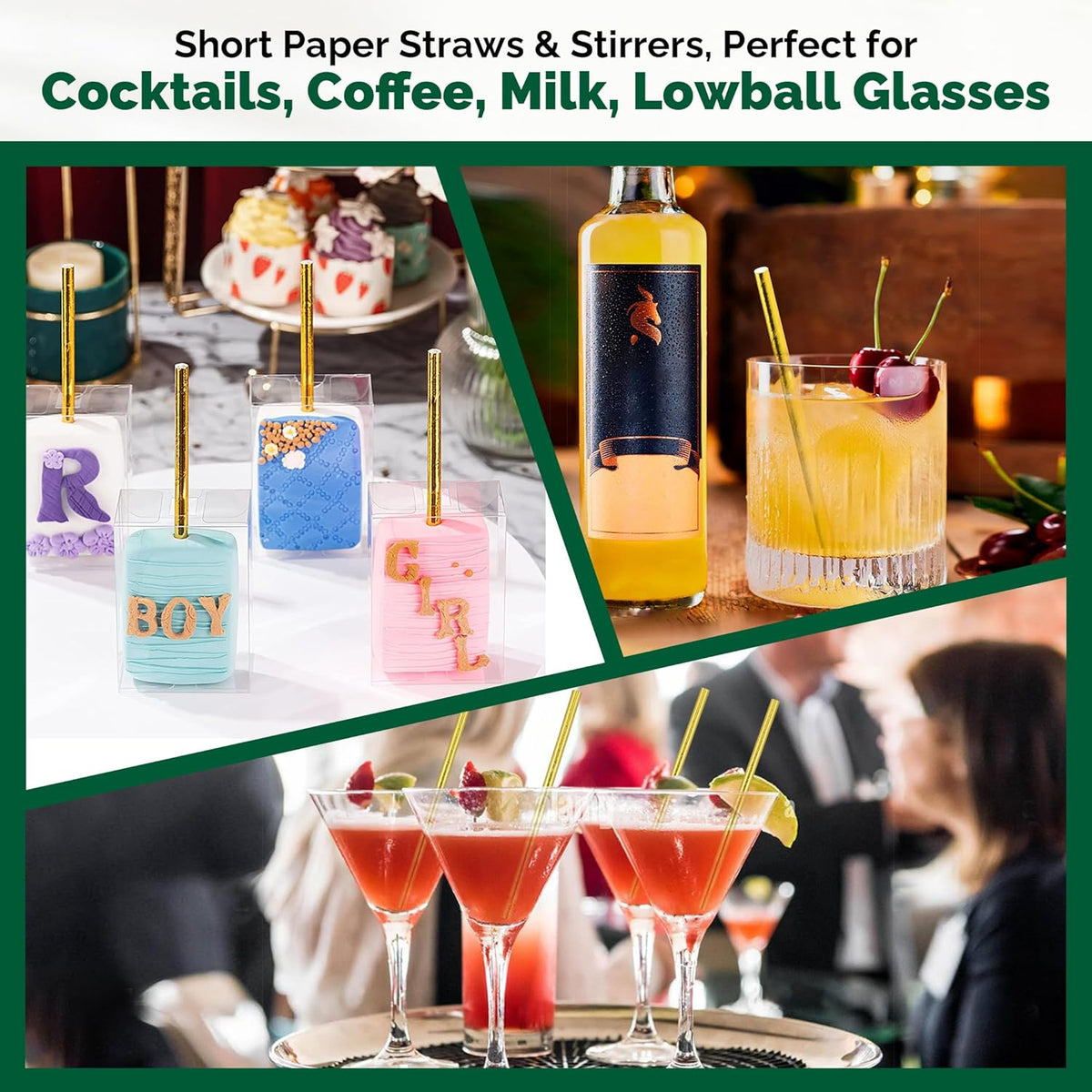 5.75 Inch Disposable Short Gold Paper Straws & Stirrers, Sipping Stir Sticks (500 Counts) - for