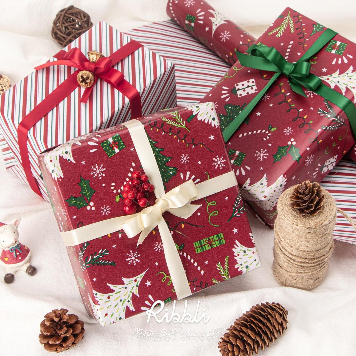 Ribbli Christmas Wrapping Paper Reversible Christmas Tree and Red Green Stripe Gift Wrapping