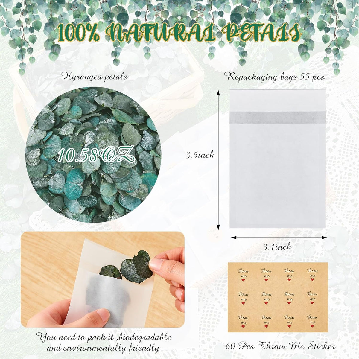 Biodegradable Confetti 10.58 Oz eucalyptus leaves Dried Flower Petals with Throw Me Stickers