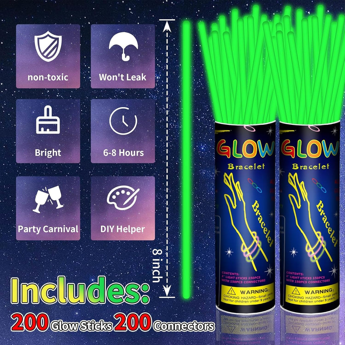 200 Pack 8'' Glow Sticks Bulk Party Favors Green Light Up Sticks with Connectors Neon Glow in the