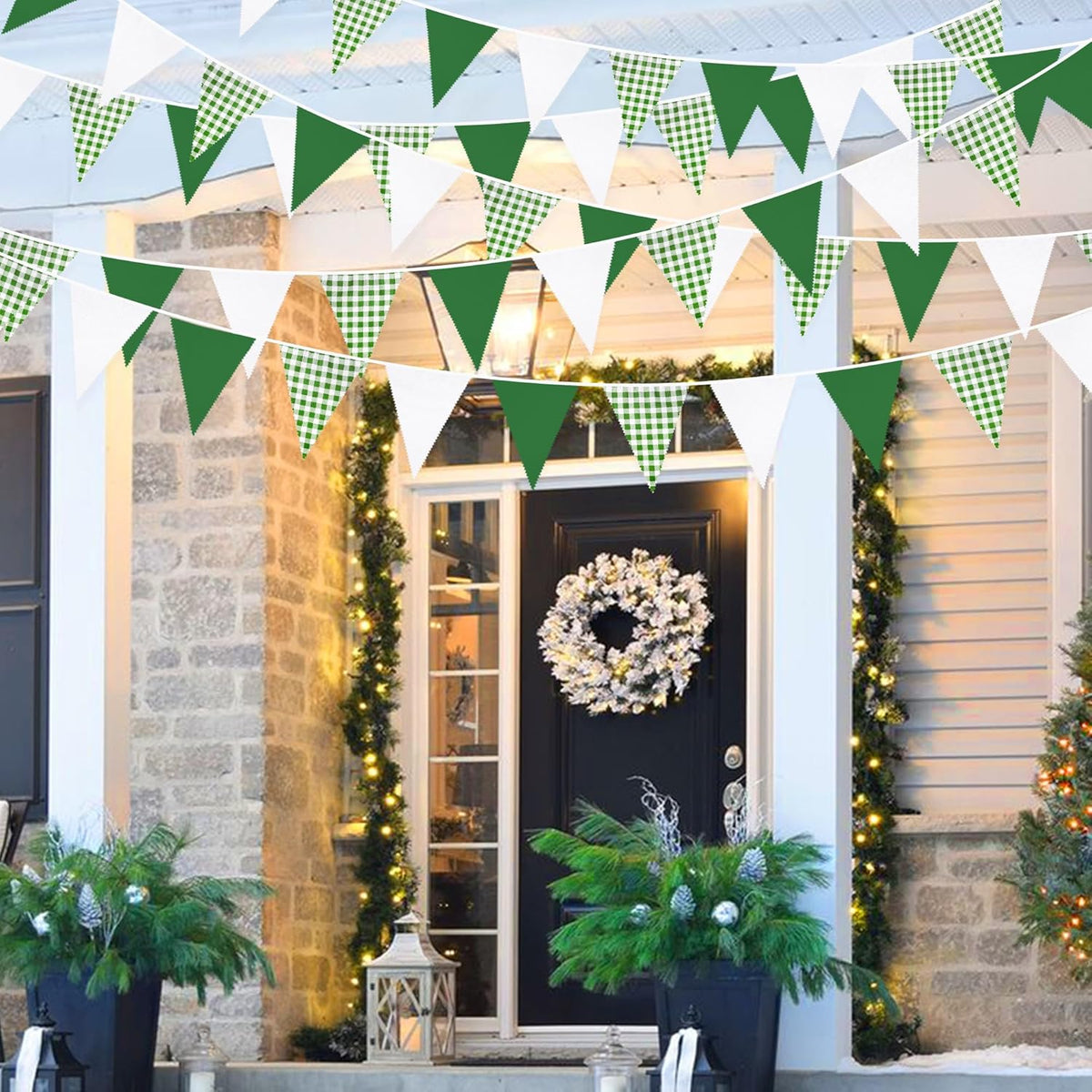 32Ft Green Party Decorations Green Buffalo Plaid Checkered White Triangle Flag Gingham Pennant