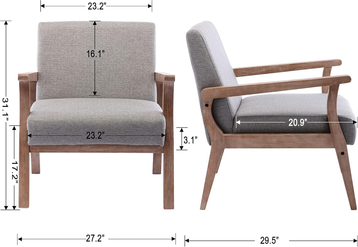 Mid Century Modern Accent Chair, Linen Upholstered Living Room Accent Armchair with Wood Frame