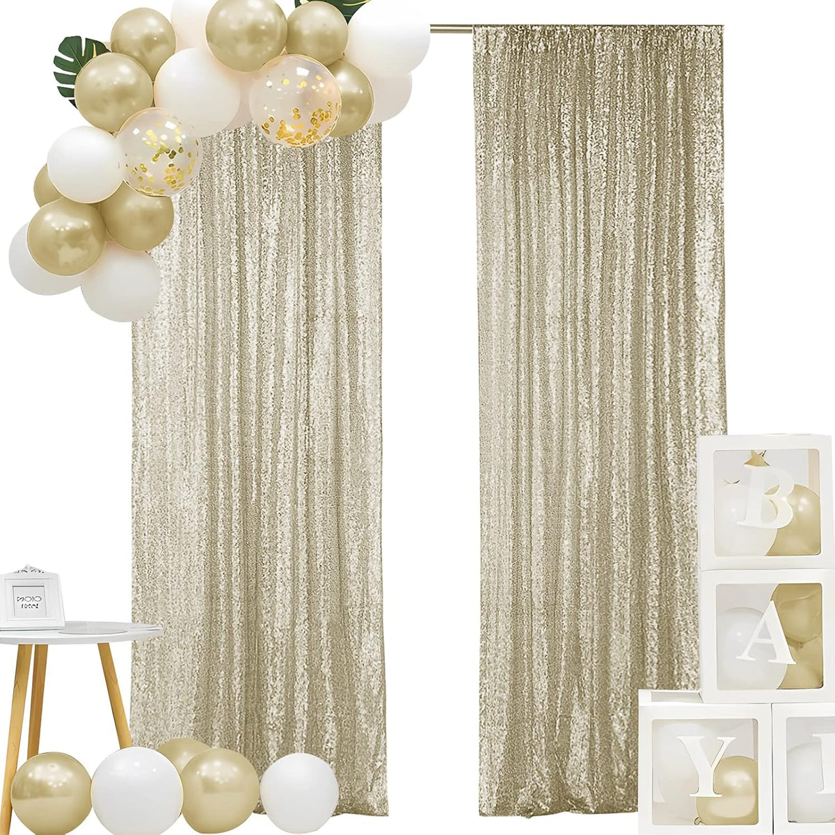 Hahuho Champagne Sequin Backdrop Curtain, 2PCS 2FTx8FT Glitter Backdrop Curtain for Parties