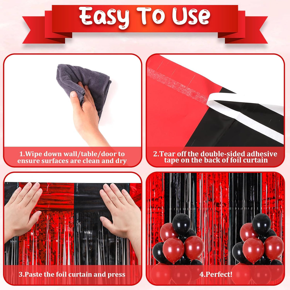 4 Pack 3.3x8.2 Feet Red and Black Foil Fringe Backdrop Curtains, Tinsel Streamers Birthday Party