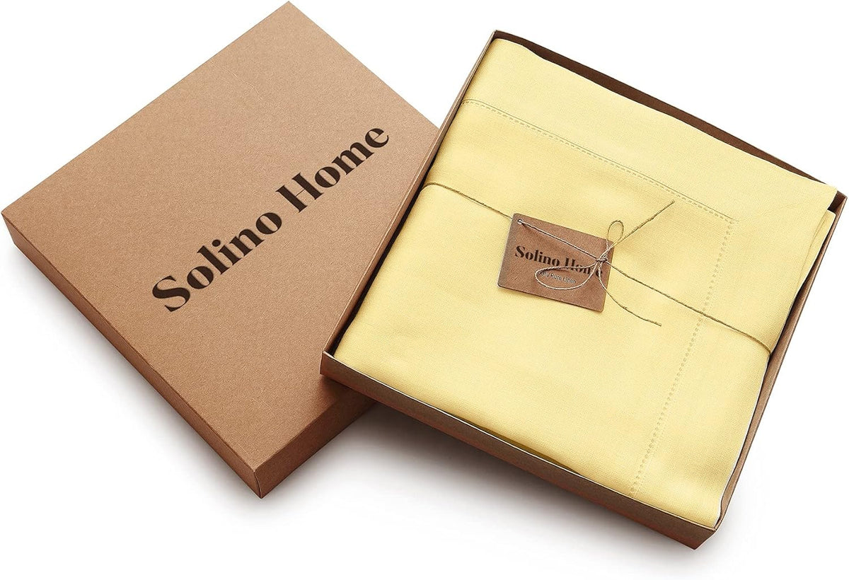 Solino Home Linen Yellow Tablecloth 60 x 132 Inch - Classic Hemstitch, 100% Pure Linen Rectangular