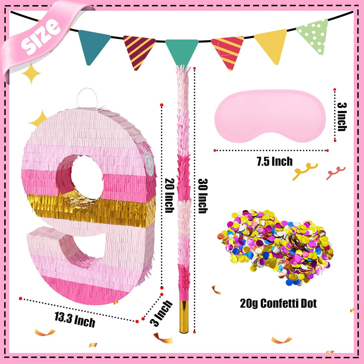 PCFING 20 Inch Number 9 Piñata Pink Gold with 30 Inch Piñata Stick Blindfold Confetti for Boys