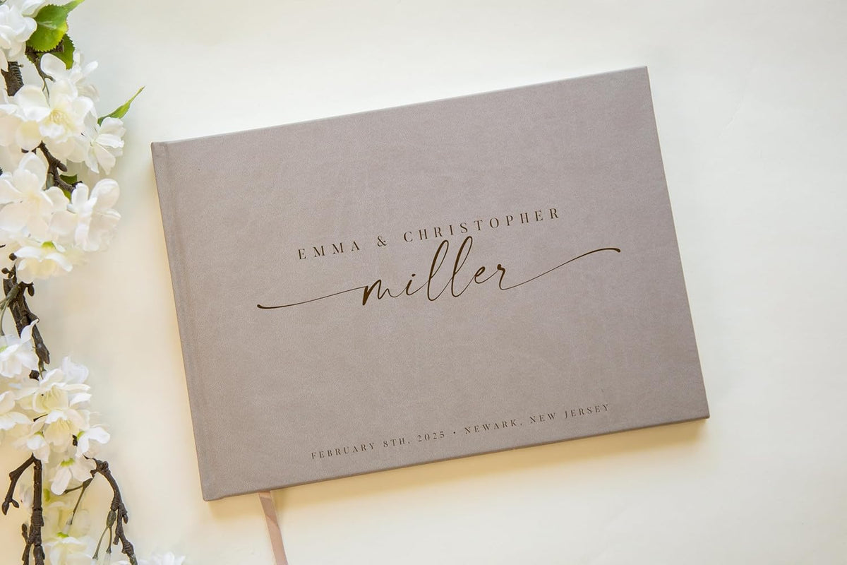 Personalized Guest Book - 11.5" x 8.5" Custom Bride & Groom Names with Bookmark and Hard Cover 140