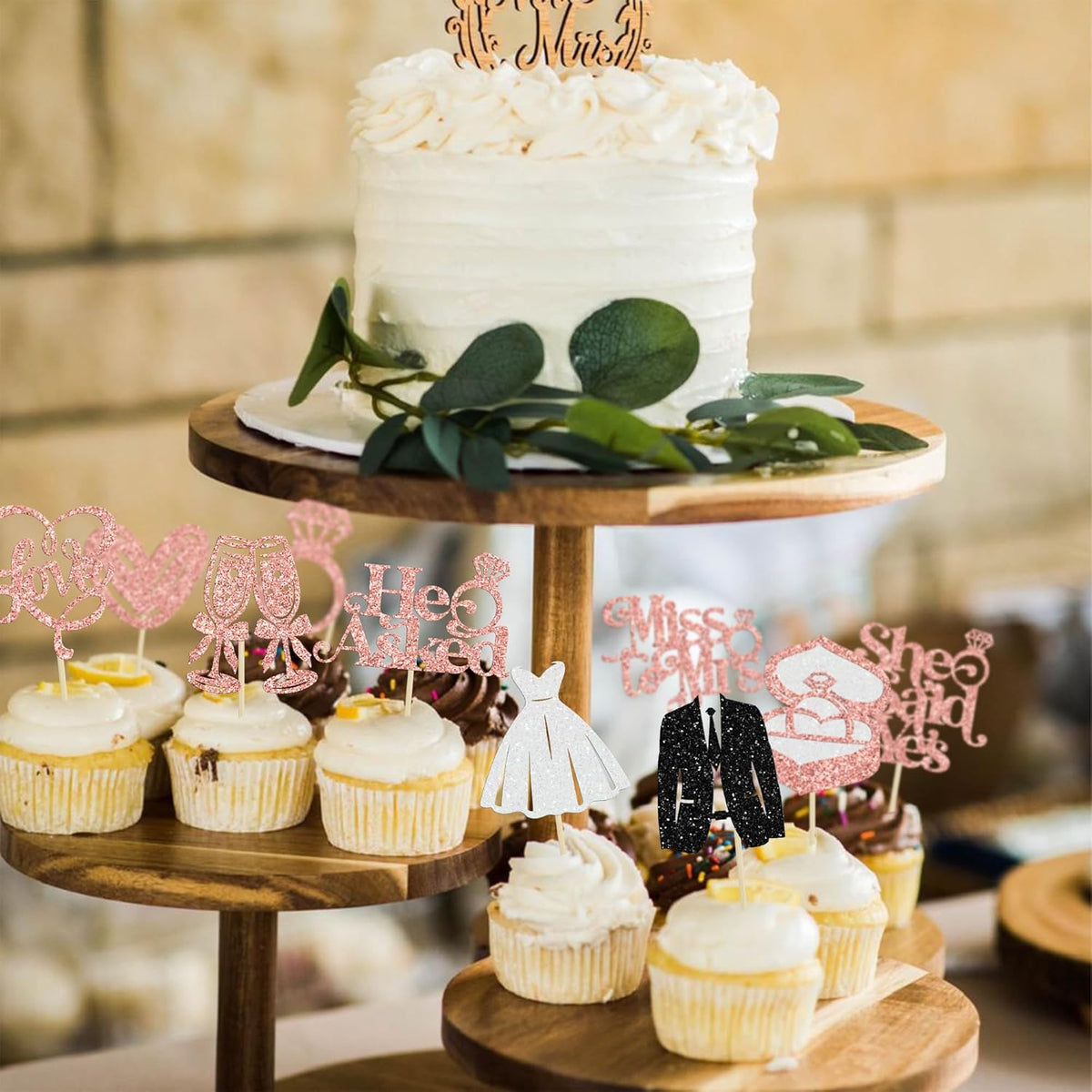 Gyufise 30Pcs She Said Yes Cupcake Toppers Glitter Diamond Ring I Do Love Cupcake Picks Miss to Mrs
