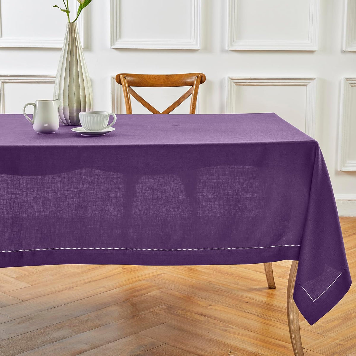 Solino Home Linen Tablecloth for Rectangle Tables 60 x 132 Inch - Classic Hemstitch 100% Pure Linen