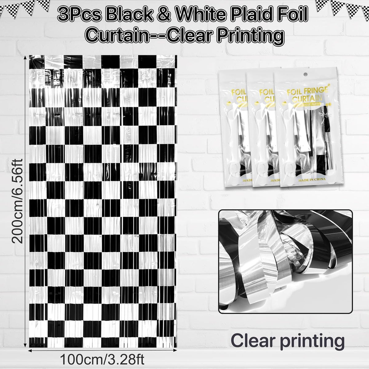 3 Pack 3.3Ft x 6.6Ft Race Car Checkered Foil Fringe Curtain Backdrop Decorations, Black White
