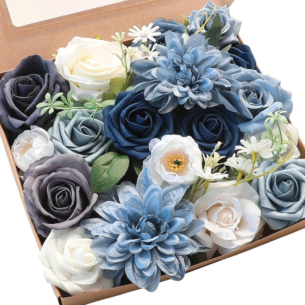Floroom Dusty Blue Navy Artificial Flowers Fake Roses Peonies Dahlias and Greenery Combo Box Set
