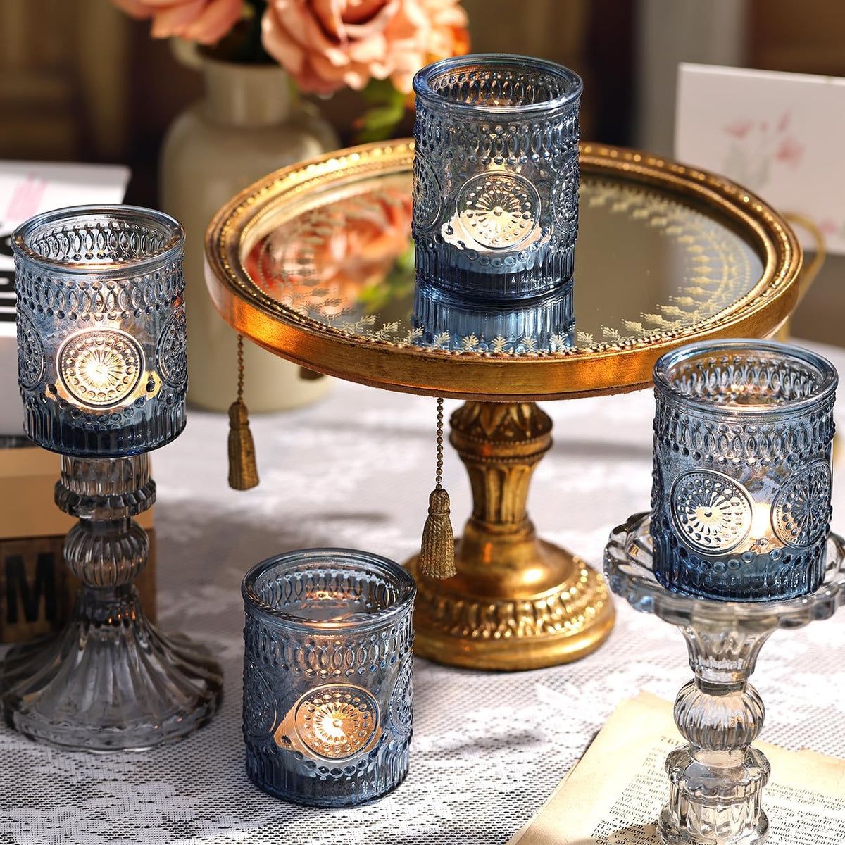 DARJEN Blue Votive Candle Holders Set of 36- Glass Candle Holders Bulk for Tea Light Candle