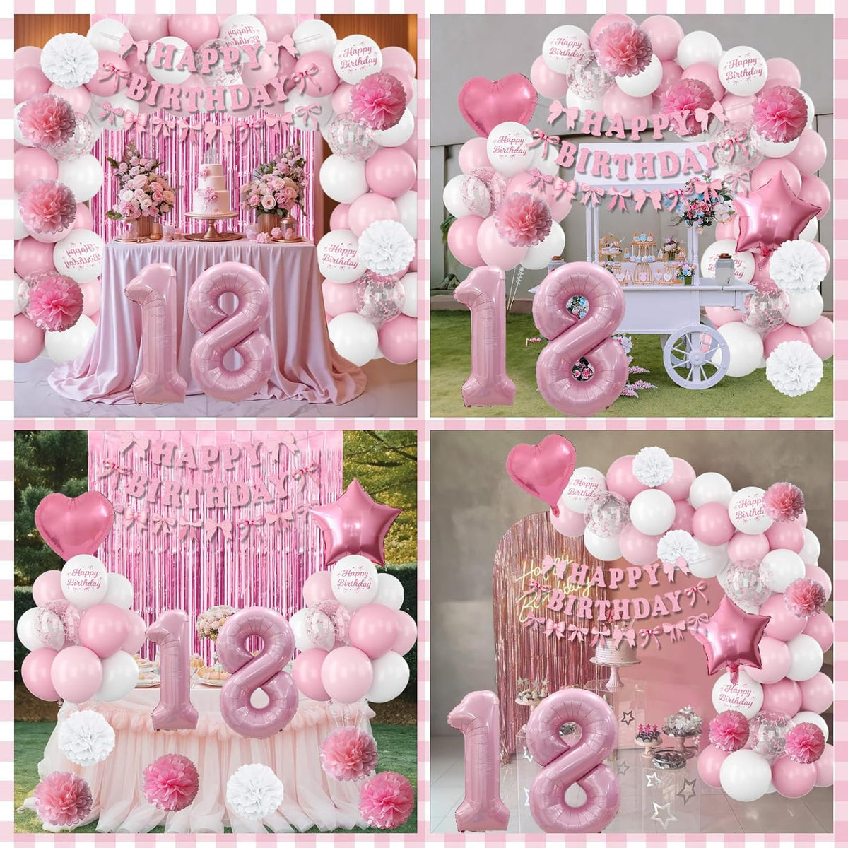 18th Birthday Decorations for Girls Pink Number 18 Balloon Bow Coquette Happy Birthday Banner