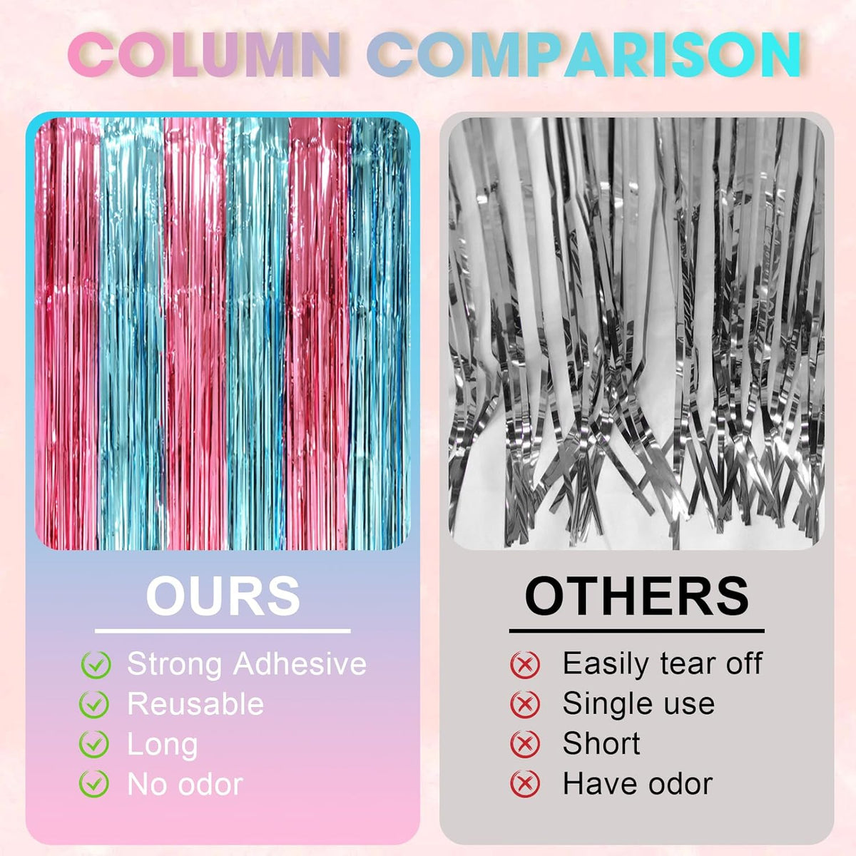 2 Pack Blue and Pink Foil Fringe Backdrop Curtains, Tinsel Streamers Mermaid Party Decorations