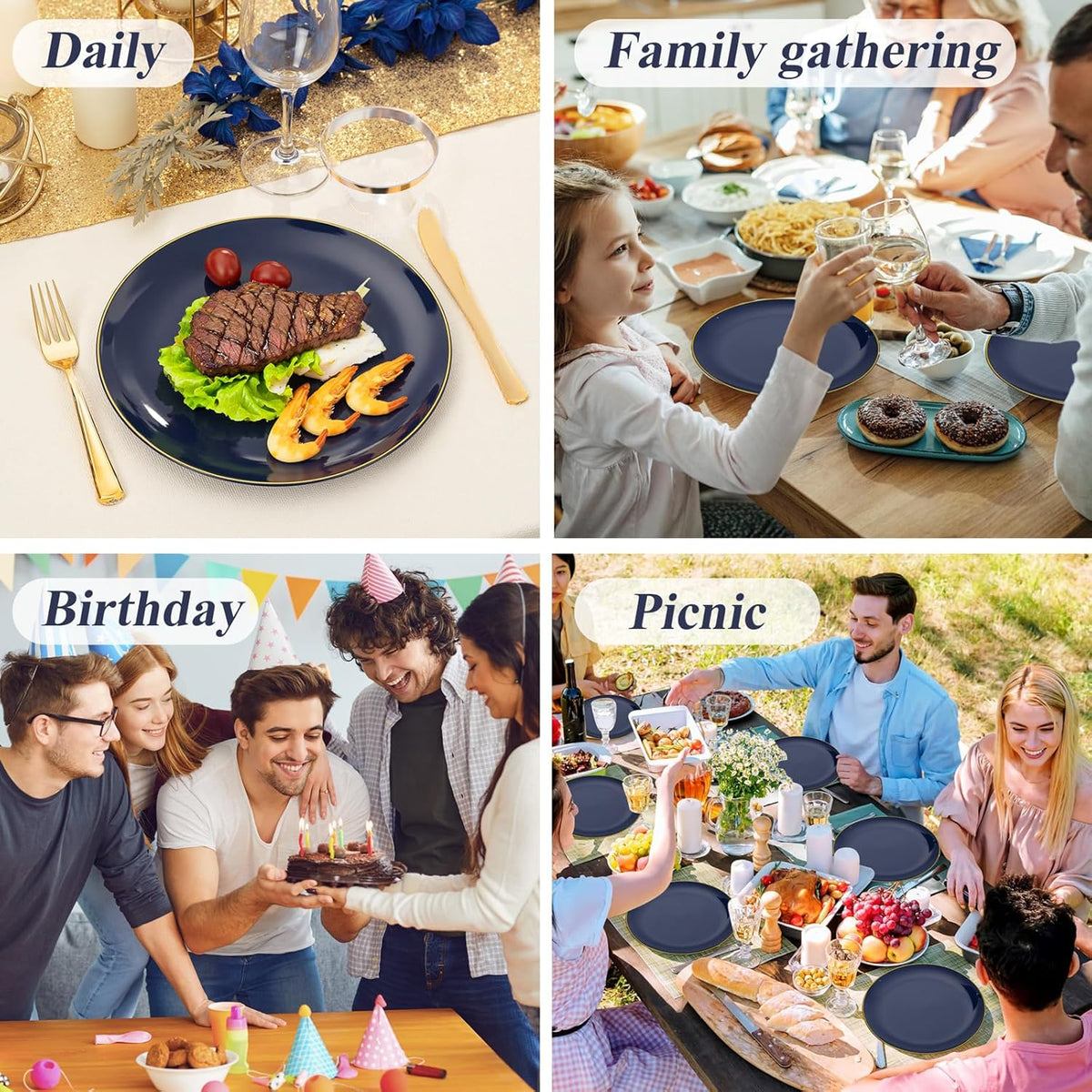 KIRE 175Pcs Blue Plastic Plates - Navy Blue Plates Disposable - 25 for Dinner 25 for Dessert 25 Pre