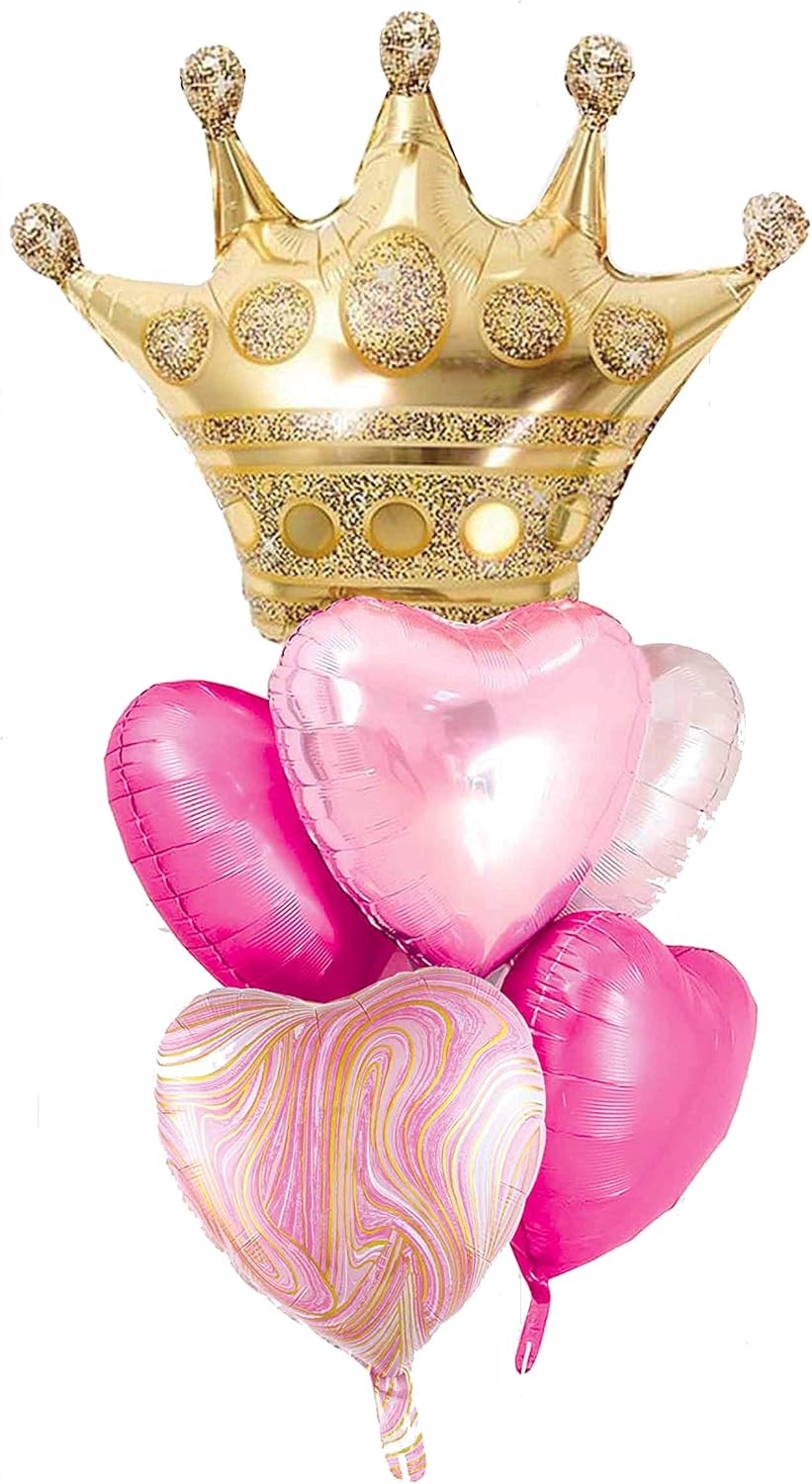 Pink Balloons Birthday Decorations，Gold Crown Princess Foil Balloons Set for Girls Women Party