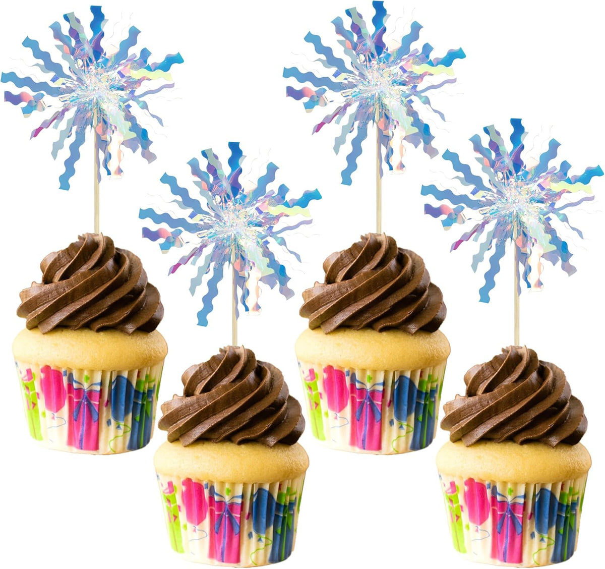 Gyufise 30Pcs Foil Firework Cupcake Toppers Happy Birthday Cake Toppers Tinsel Flower Drink