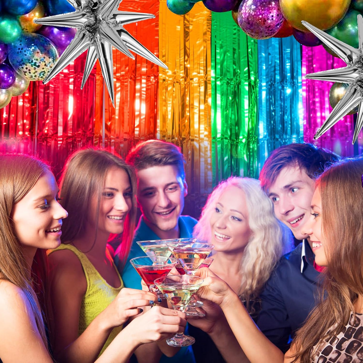 4 Packs Rainbow Foil Fringe Curtain, Assorted Color Metallic Tinsel Backdrop for Birthday, Baby