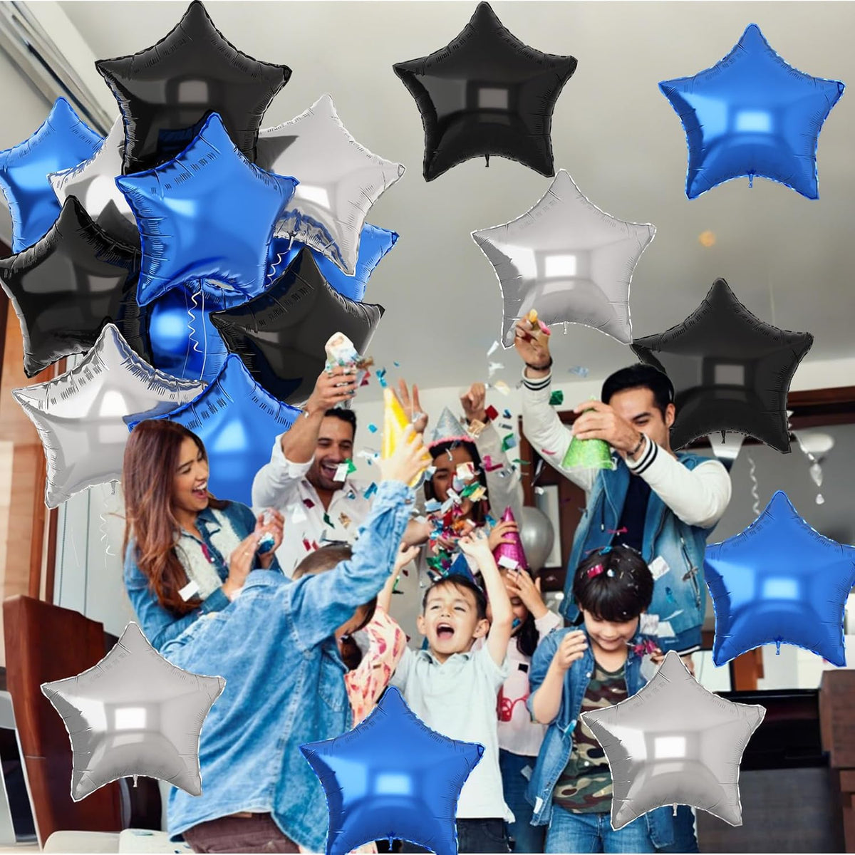 Blue Black Star Balloons Helium, 18Inch Silver and Blue Stars Shape Foil Balloon, 12Pcs Blue