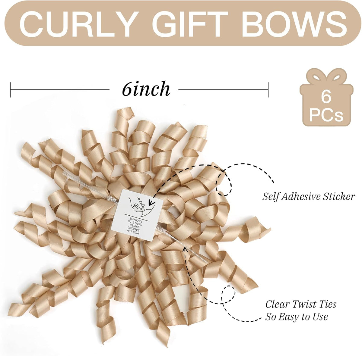 6 Inch Champagne Curly Bows for Gift Wrapping Set of 6, Self Adhesive Bows Champagne Gold Gift Bows
