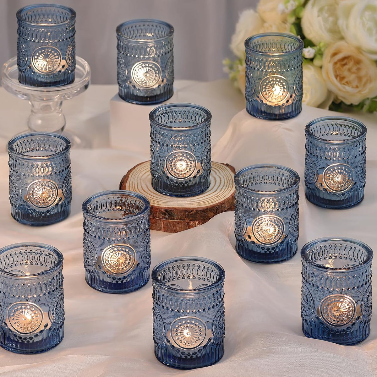 DARJEN Blue Votive Candle Holders Set of 36- Glass Candle Holders Bulk for Tea Light Candle