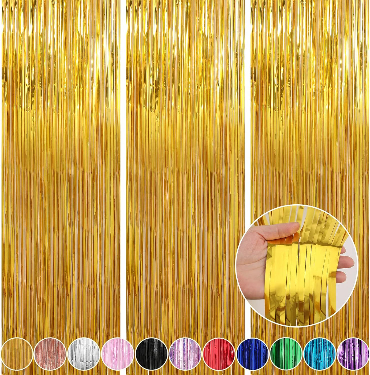 Crosize 3 Pack 3.3 x 9.9 ft Gold Foil Fringe Glitter Curtains Party Decorations, Tinsel Backdrop