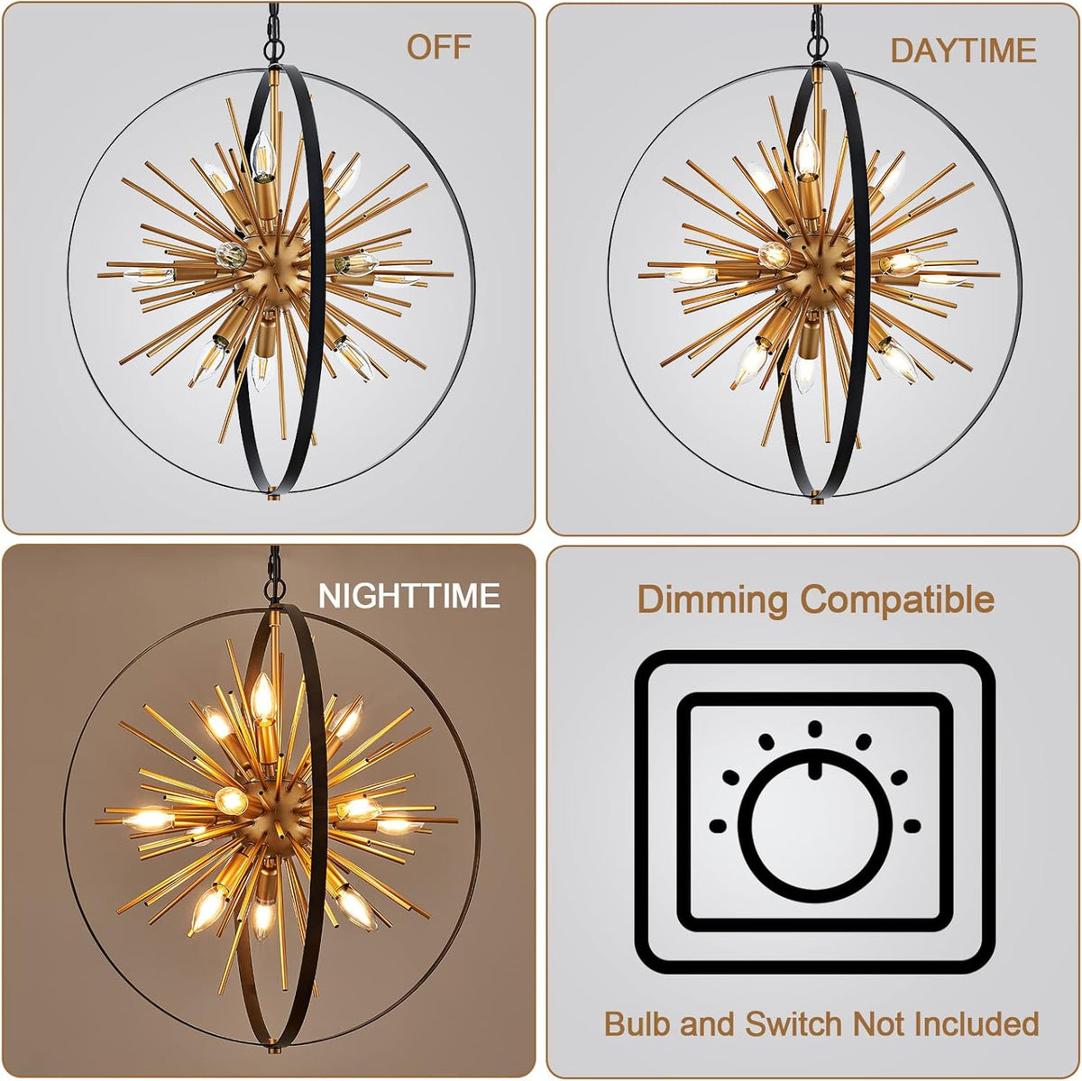 23.2'' Black Gold 12-Light Globe Sputnik Chandelier Modern Industrial Adjustable Hanging Ceiling