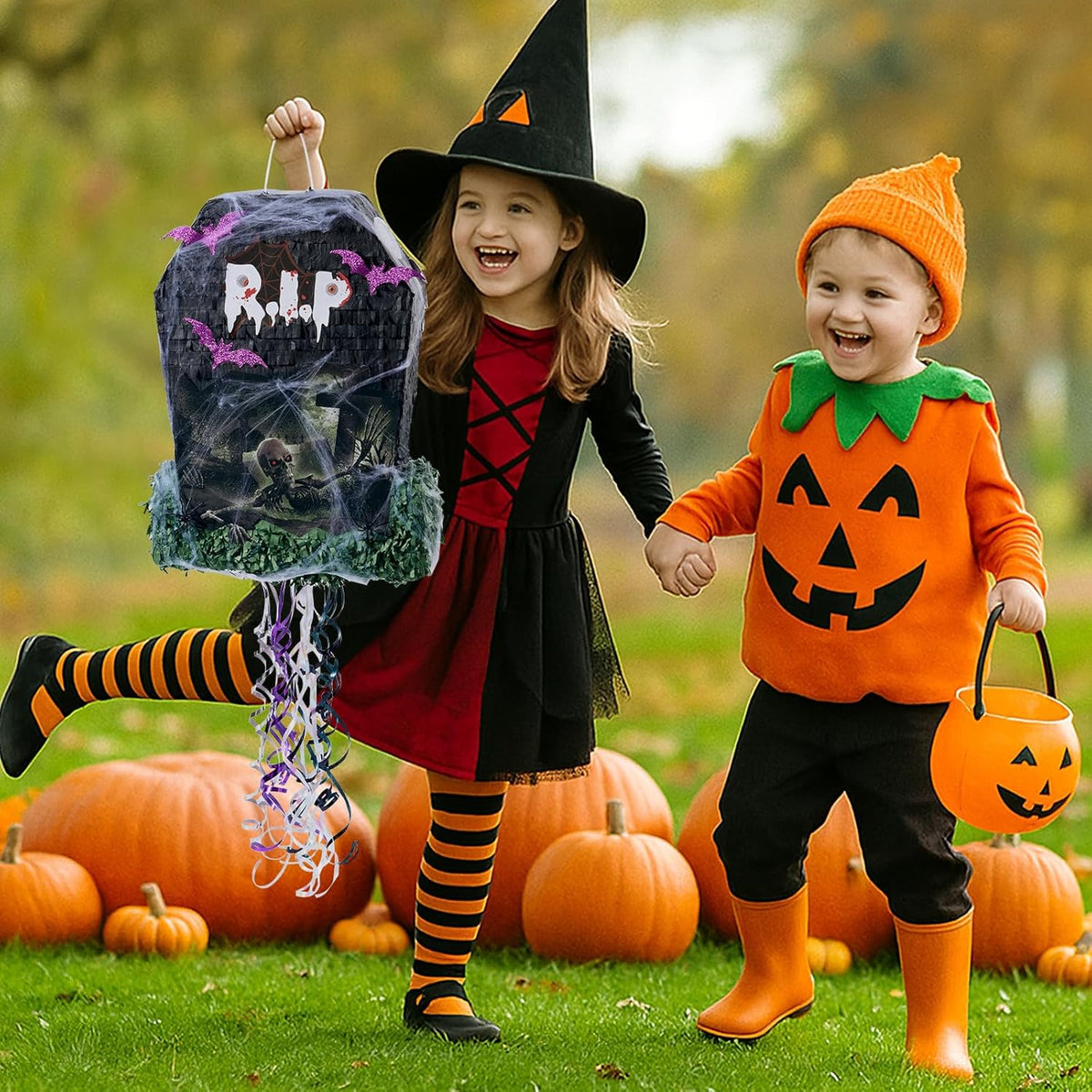 WERNNSAI Halloween Tombstone Piñata - Tombstone Bat Pinata Halloween Party Decor Favors for Kids