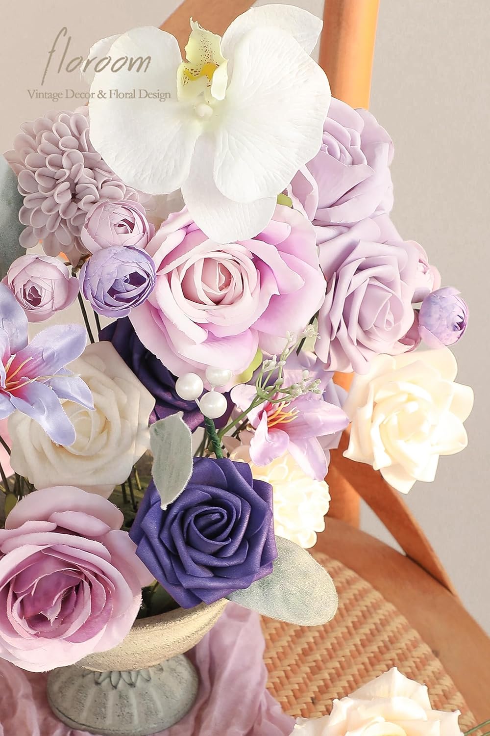 Floroom Lilac Lavender Purple Cream Artificial Flowers Fake Roses Dahlias and Greenery Combo Box