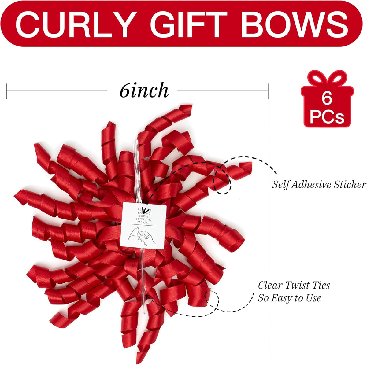 6 Inch Red Curly Bows for Gift Wrapping Set of 6, Self Adhesive Bows Red Gift Bows for Presents