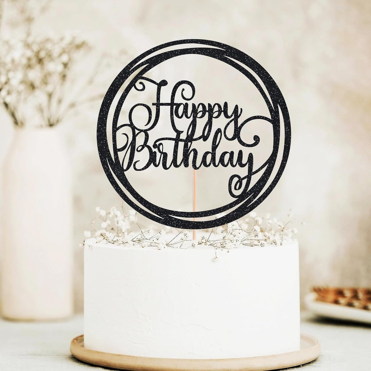 Happy Birthday Cake Topper - Black Glitter Happy Birthday Cake Decoration Supplies for Children or