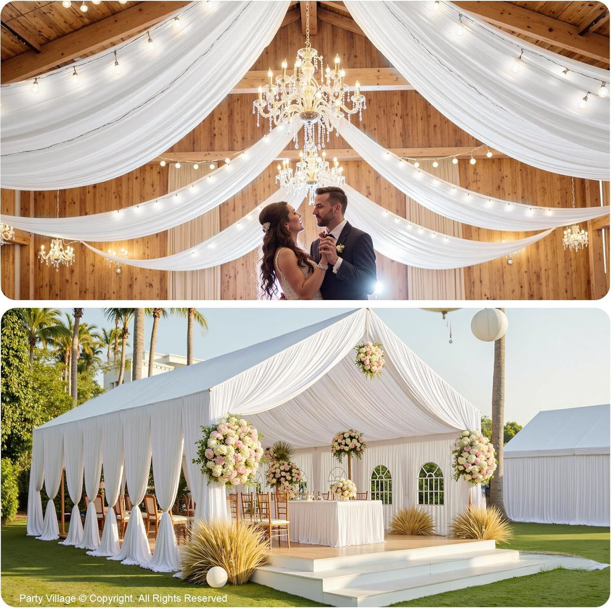 PartyVillage 10 Panels 5ftx30ft White Ceiling Drapes for Wedding Parties – 30 FT Extra Long Thick